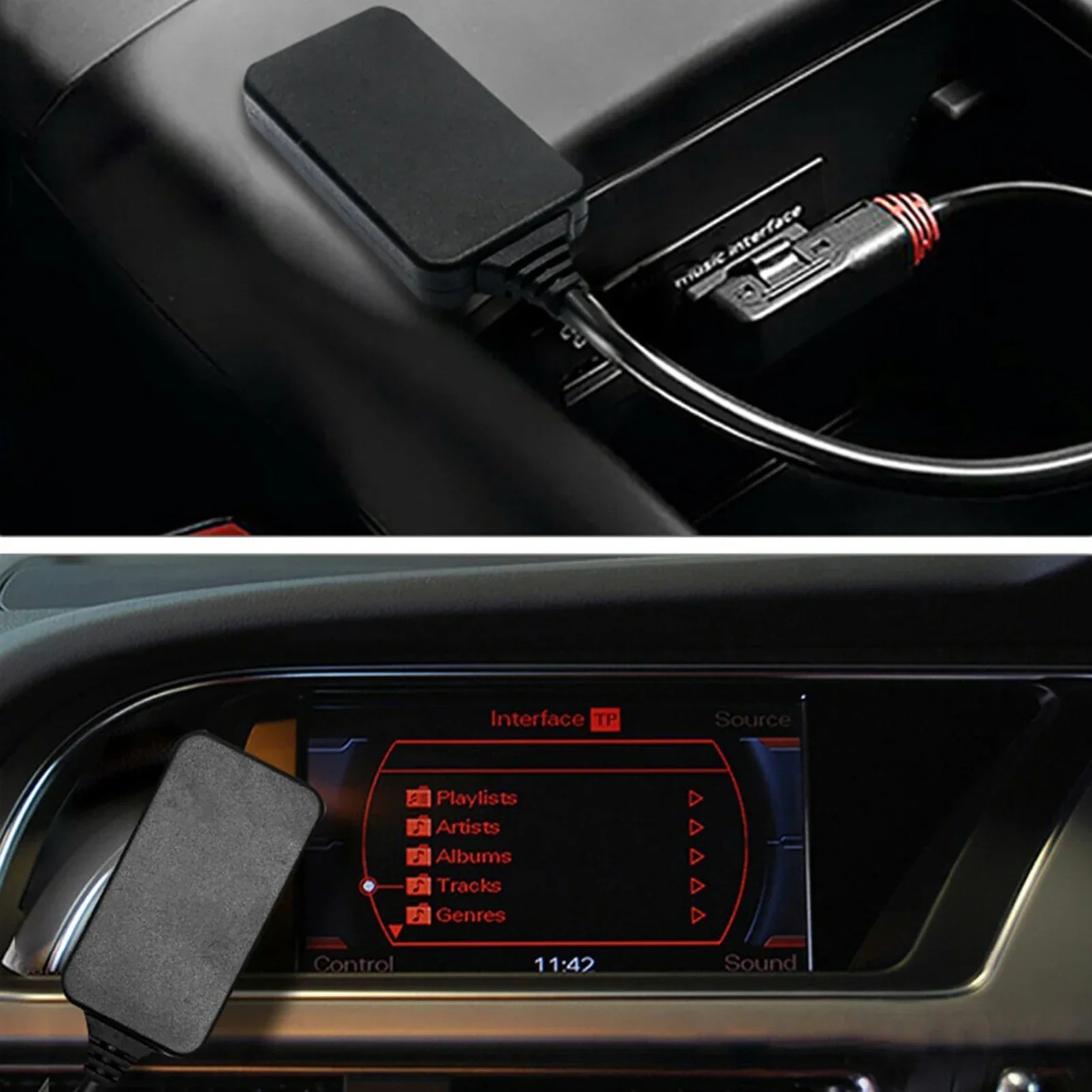 Black rectangular aux music interface adapter cable with red-accented usb cable for ami mmi mdi center console use