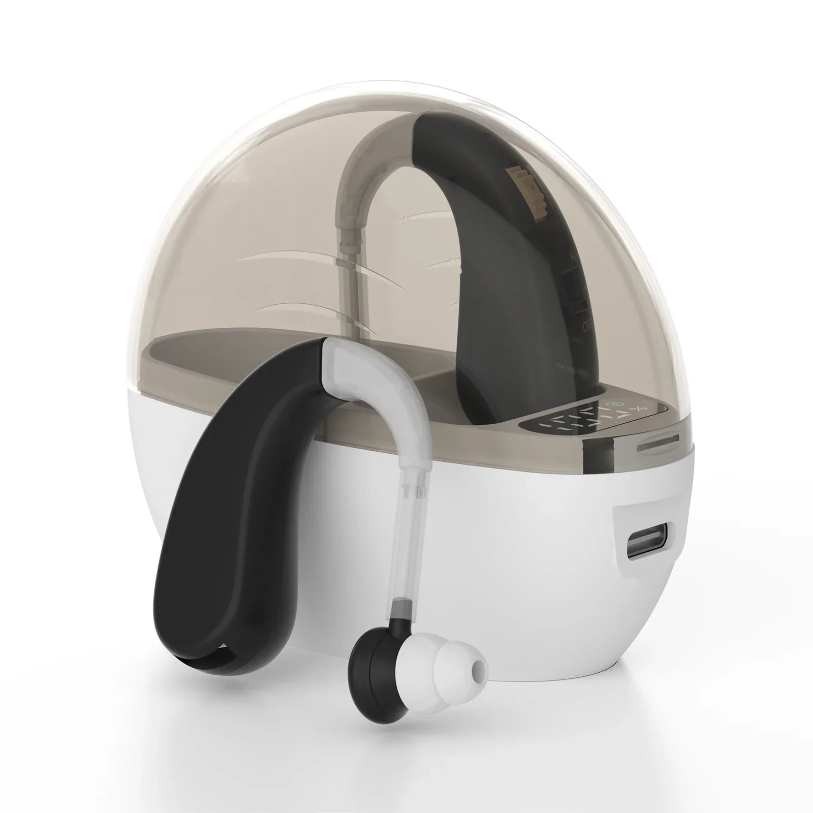 Black and white wireless headphones sound amplifier with noise reduction adjustable volume resting in charging case
