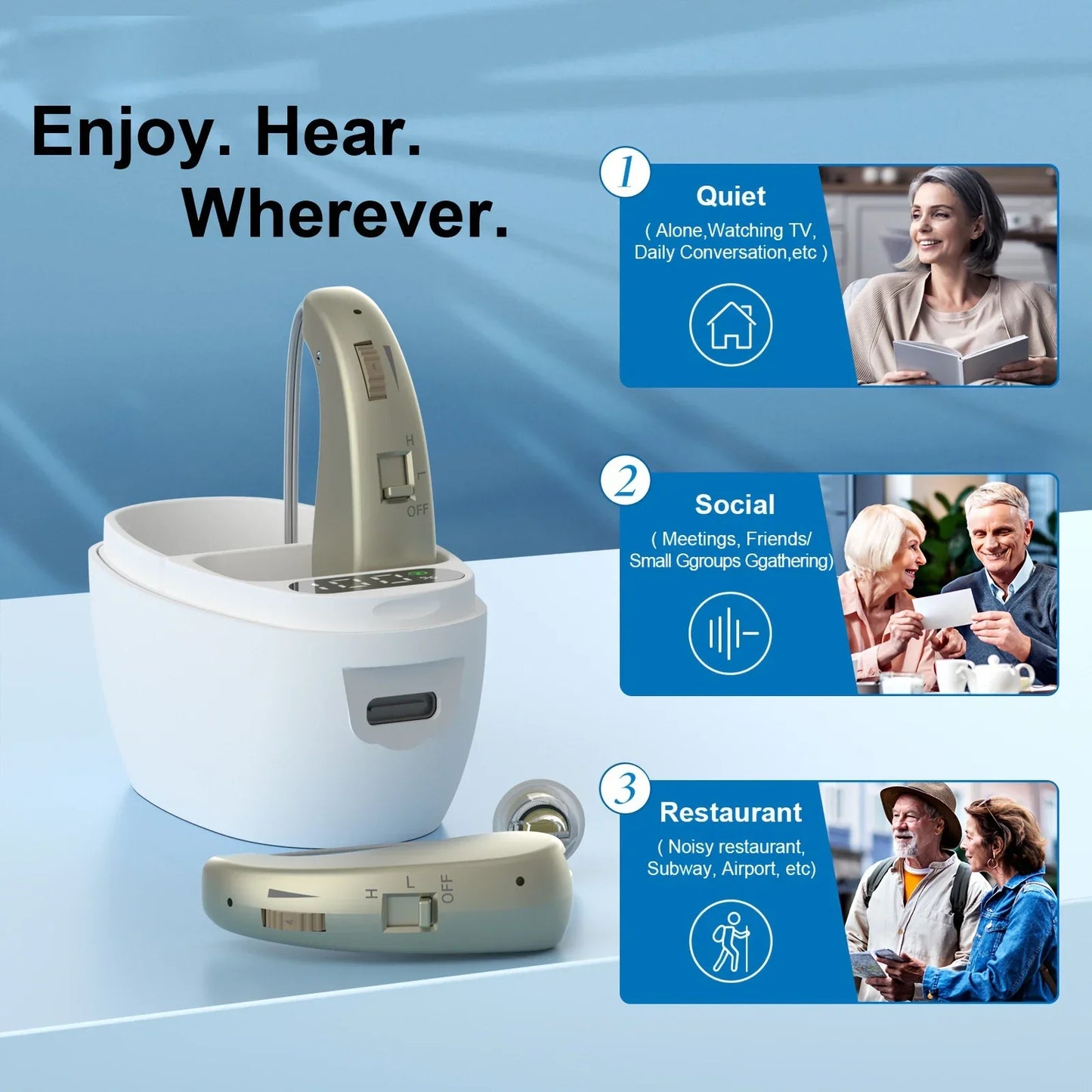 Beige behind-the-ear headphones sound amplifier with noise reduction adjustable volume and matching charging case
