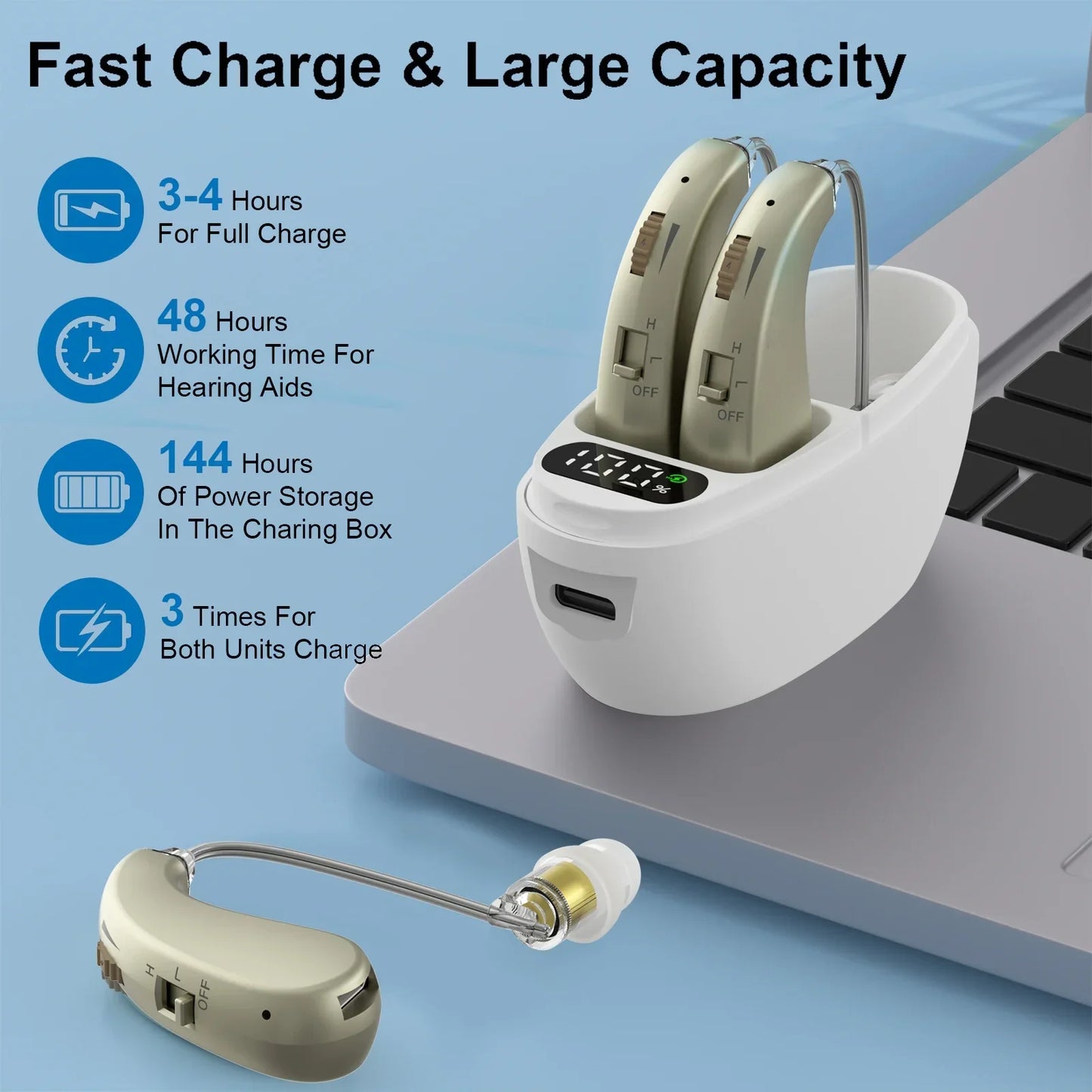 Beige wireless headphones sound amplifier with noise reduction adjustable volume in sleek charging case
