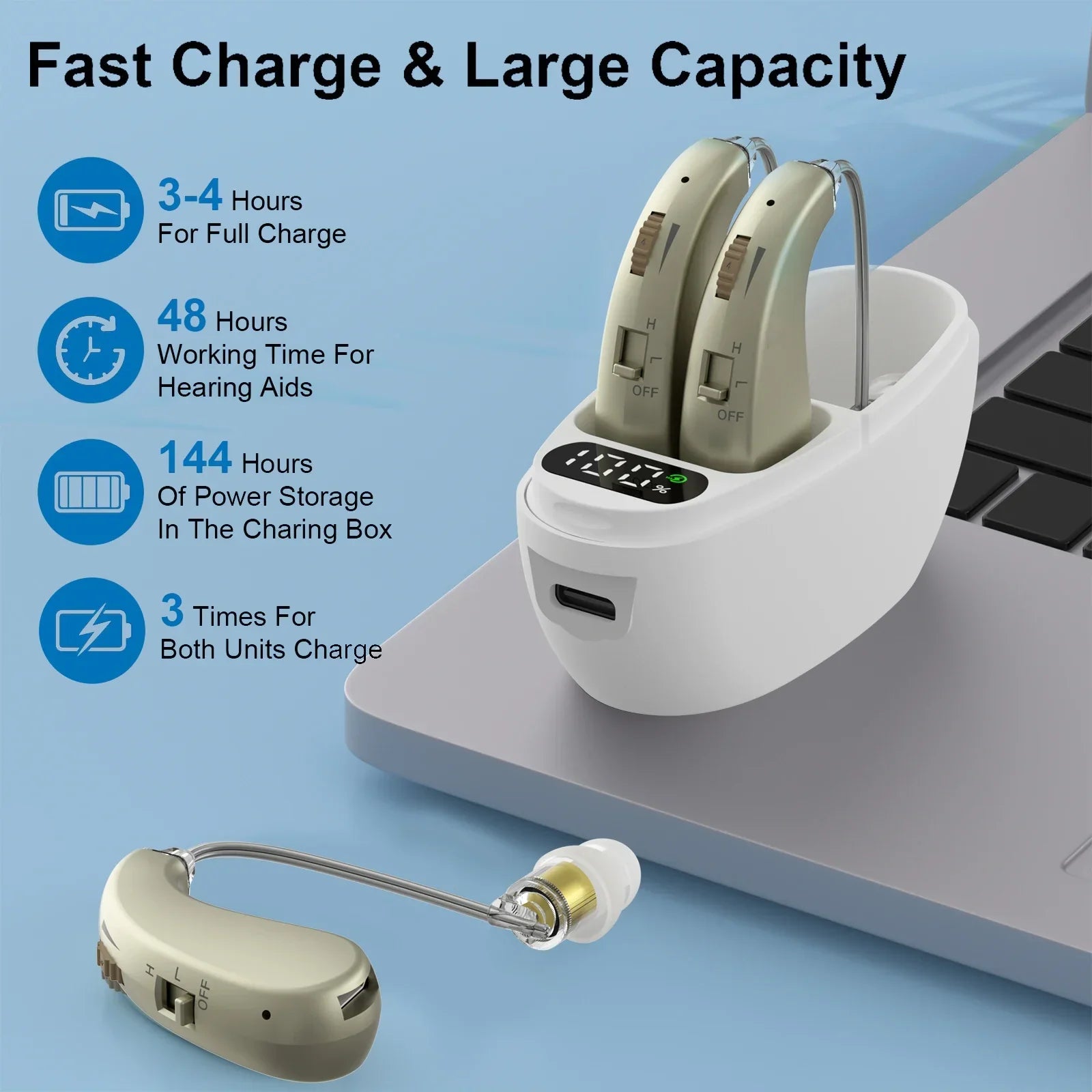 Beige wireless headphones sound amplifier with noise reduction adjustable volume in sleek charging case
