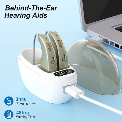 White charging case with digital display holding two beige behind-the-ear headphones sound amplifier with noise reduction adjustable volume