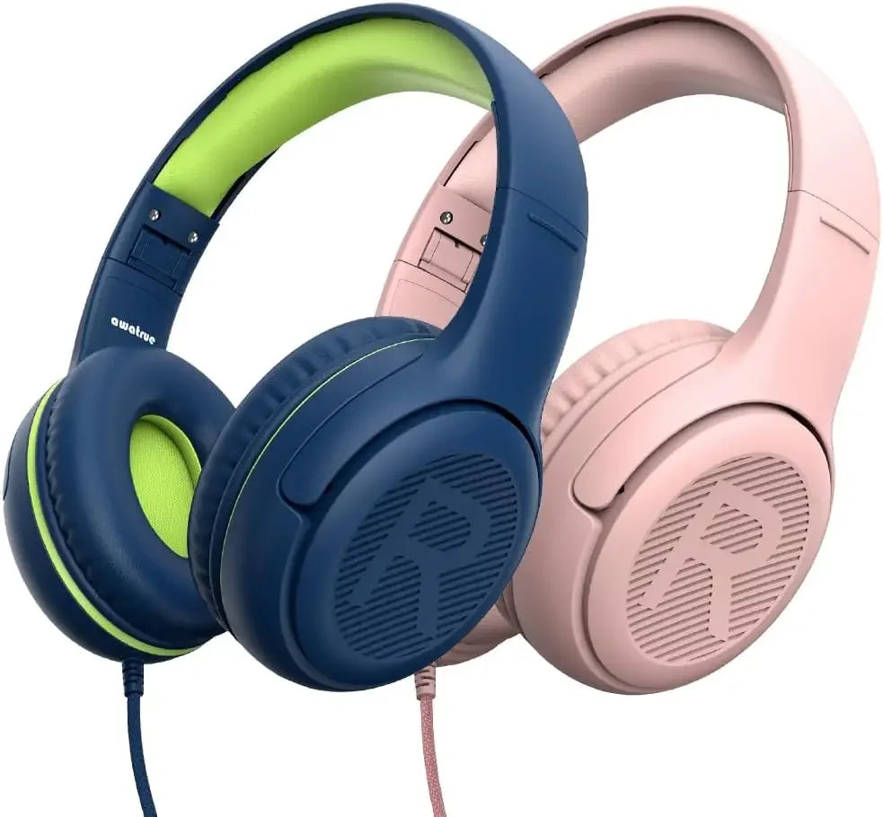 Awatrue AT2 headset blue and pink over-ear surround stereo gaming headphones with soft memory earmuffs and lime green accents
