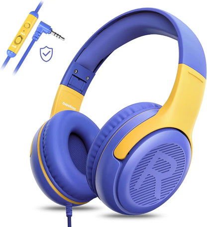 Blue and yellow Awatrue AT2 surround stereo gaming headphones with soft memory earmuffs and 3.5mm wired remote for kids