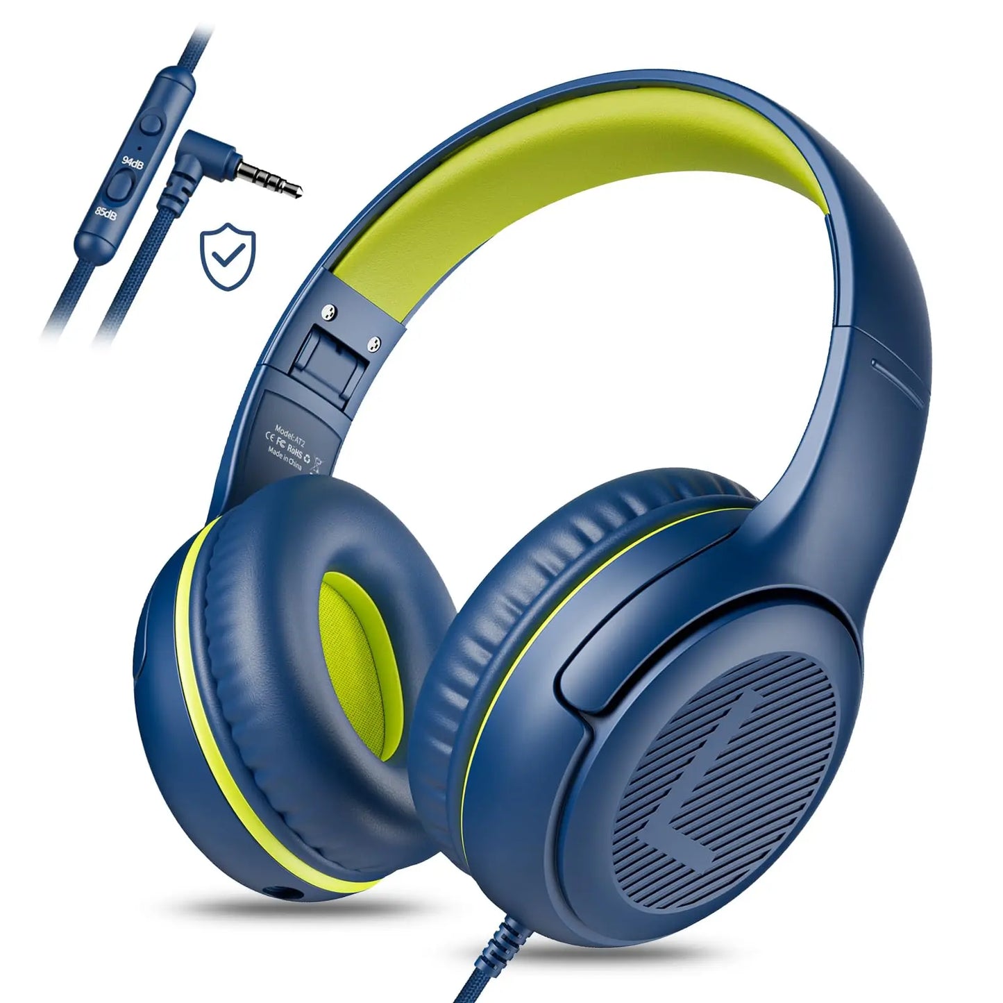 Navy blue and lime green awatrue at2 headset with 3.5mm surround stereo gaming, soft memory earmuffs, and wired mic
