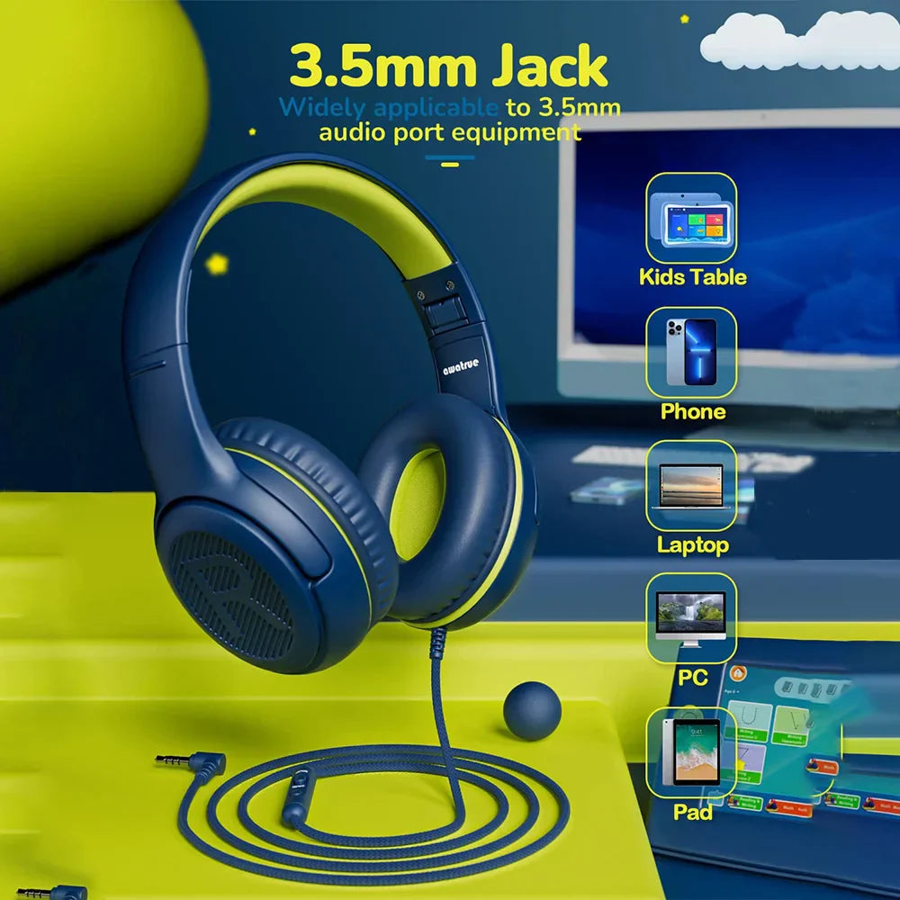 Blue and neon yellow awatrue at2 headset with soft memory earmuffs and 3.5mm surround stereo for kids gaming