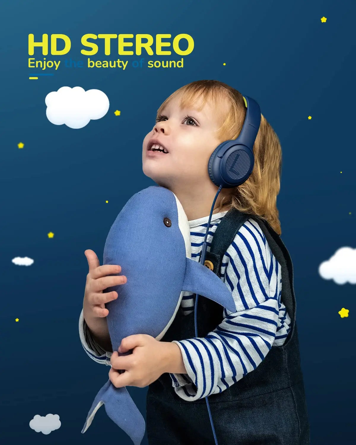 Blue awatrue at2 headset with 3.5mm surround stereo and soft memory earmuffs featuring a plush whale carrying case