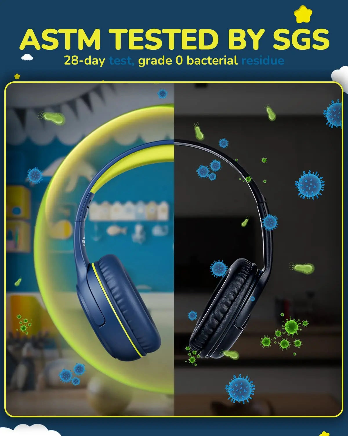 Awatrue at2 surround stereo gaming headphones in blue with neon yellow accents and soft memory earmuffs for kids