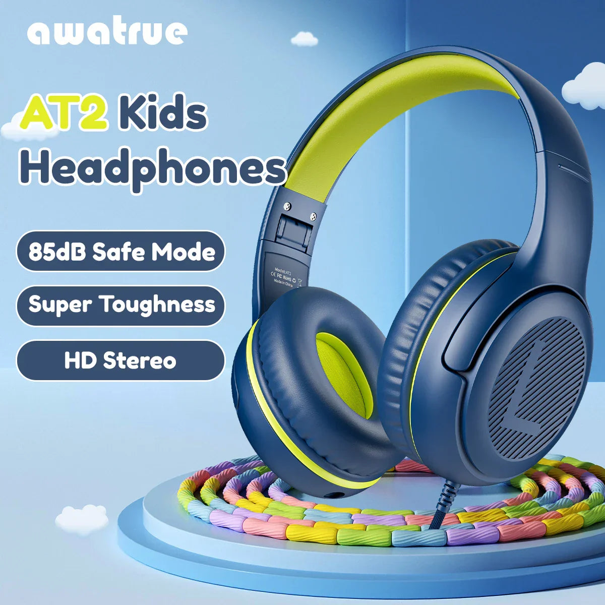 Blue and yellow awatrue at2 headset with soft memory earmuffs 3.5mm surround stereo gaming headphones for kids