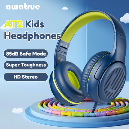 Blue and yellow awatrue at2 headset with soft memory earmuffs 3.5mm surround stereo gaming headphones for kids
