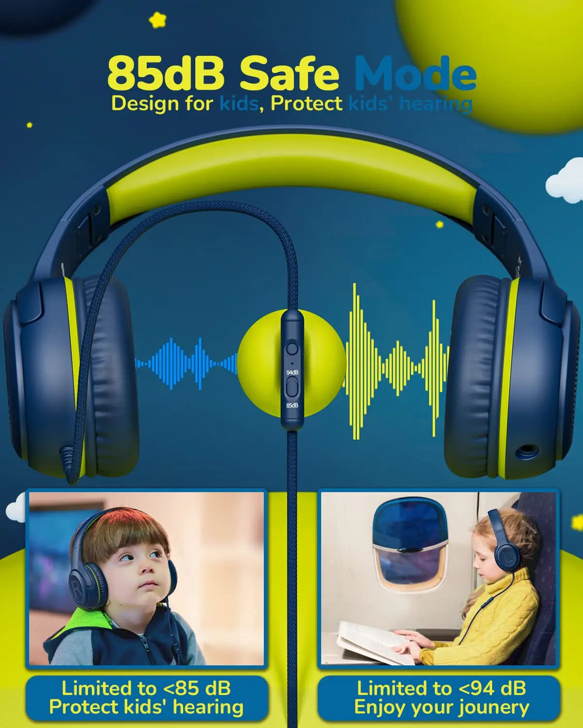 Awatrue at2 blue and yellow children’s headphones with 85db safe mode soft memory earmuffs and 3.5mm surround stereo gaming design