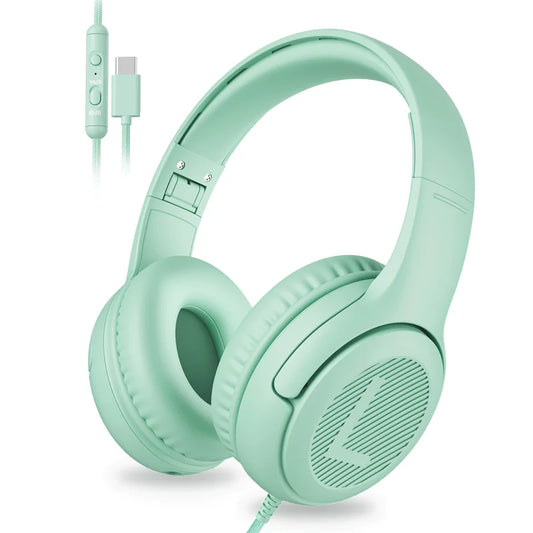 Mint green awatrue at2 surround stereo gaming headphones with soft memory earmuffs and integrated usb-c charging cable