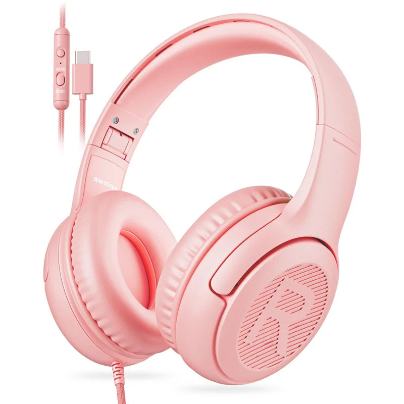 Pink AWATRUE AT2 surround stereo gaming headphones with soft memory earmuffs and 3.5mm stereo jack for kids and PC