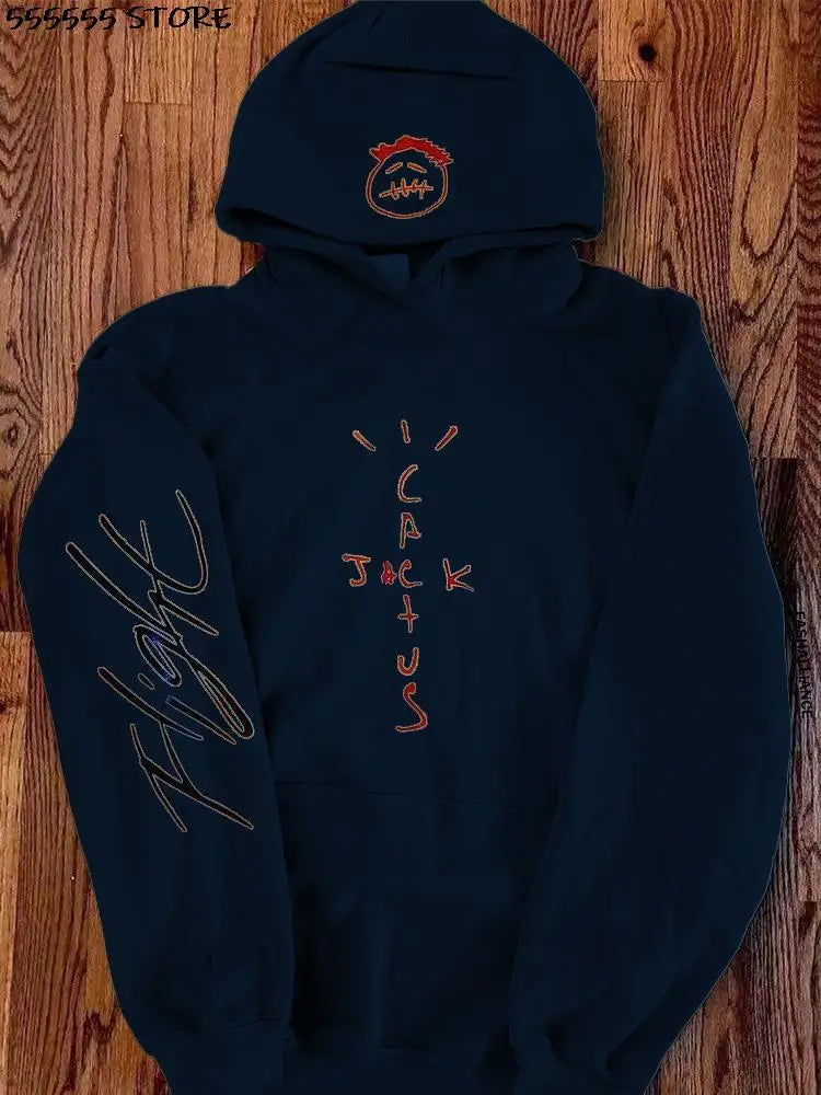 Dark navy blue oversized harajuku hoodie with embroidered orange white rapper cactus jack logo and black cursive sleeve print