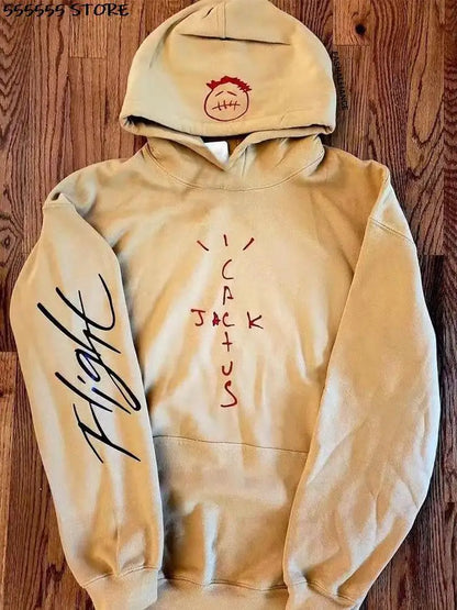 Beige oversized harajuku hooded sweatshirt with red embroidered face and cactus jack print for rapper cactus jack fans