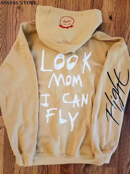 Beige rapper cactus jack hoodies oversized harajuku print hooded sweatshirts with white text and red stitched face on hood