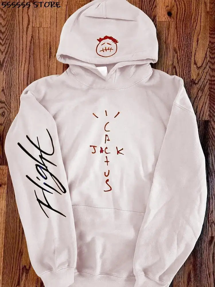 White hoodie with red embroidered rapper cactus jack logo and black cursive flight on sleeve hoodies oversized harajuku style