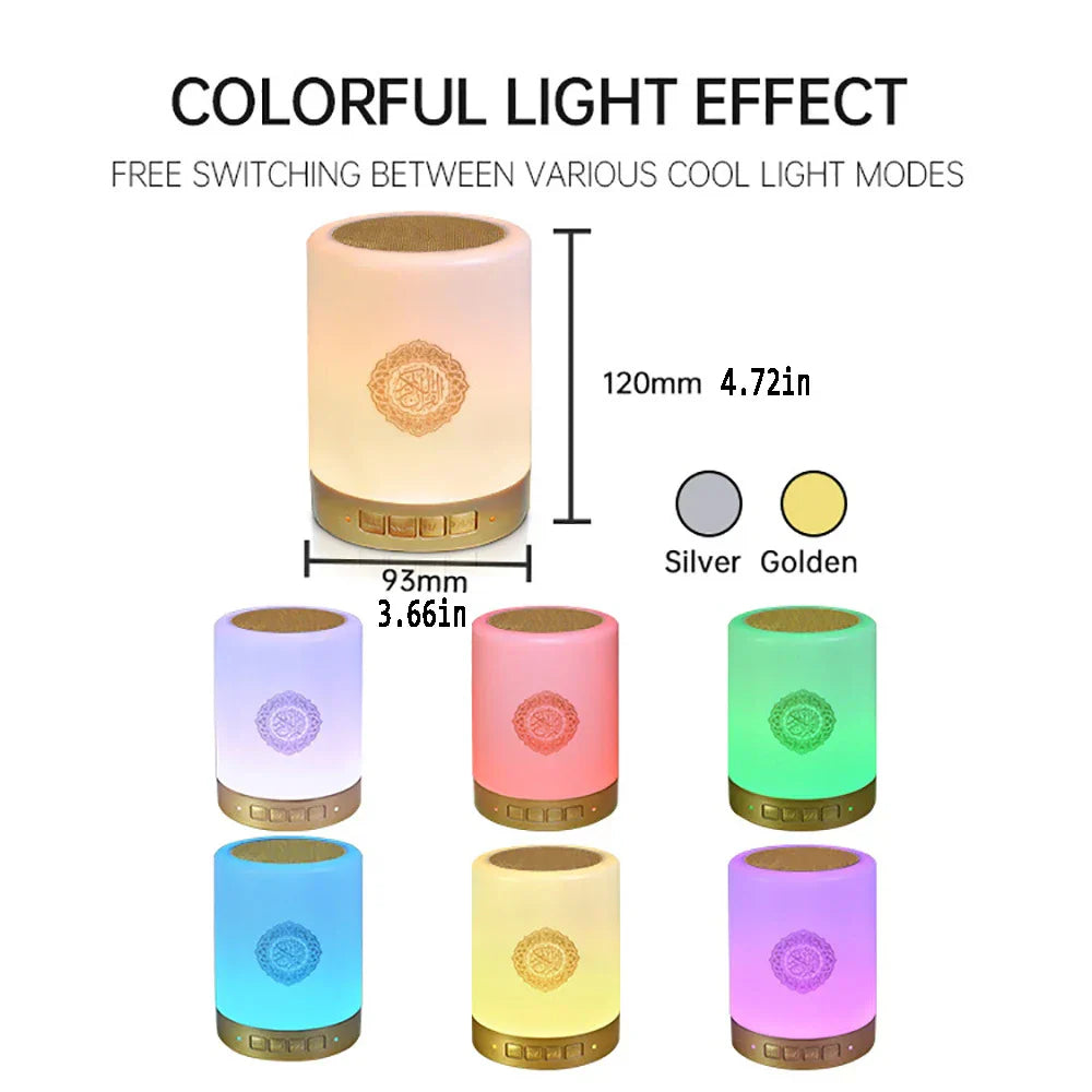 Cylindrical azan muslim night lamp with warm glow ornate gold emblem and silver base bluetooth speaker music sound box