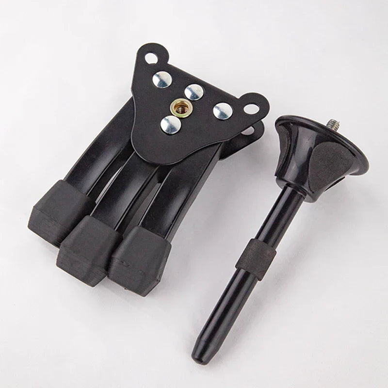 Black plastic tripod mount with silver screws and suction cup for portable foldable universal clarinet instrument stand metal display