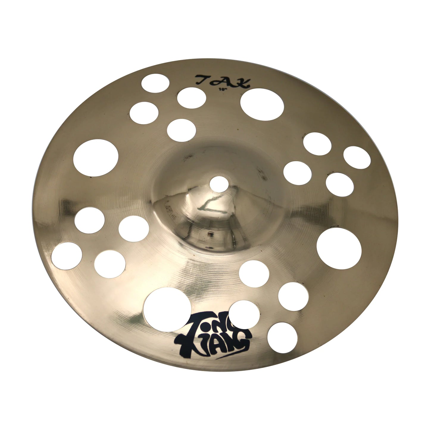 A 10-inch b20 handmade ozone cymbal with shiny metallic finish and circular cutouts from tongxiang musical instrument factory