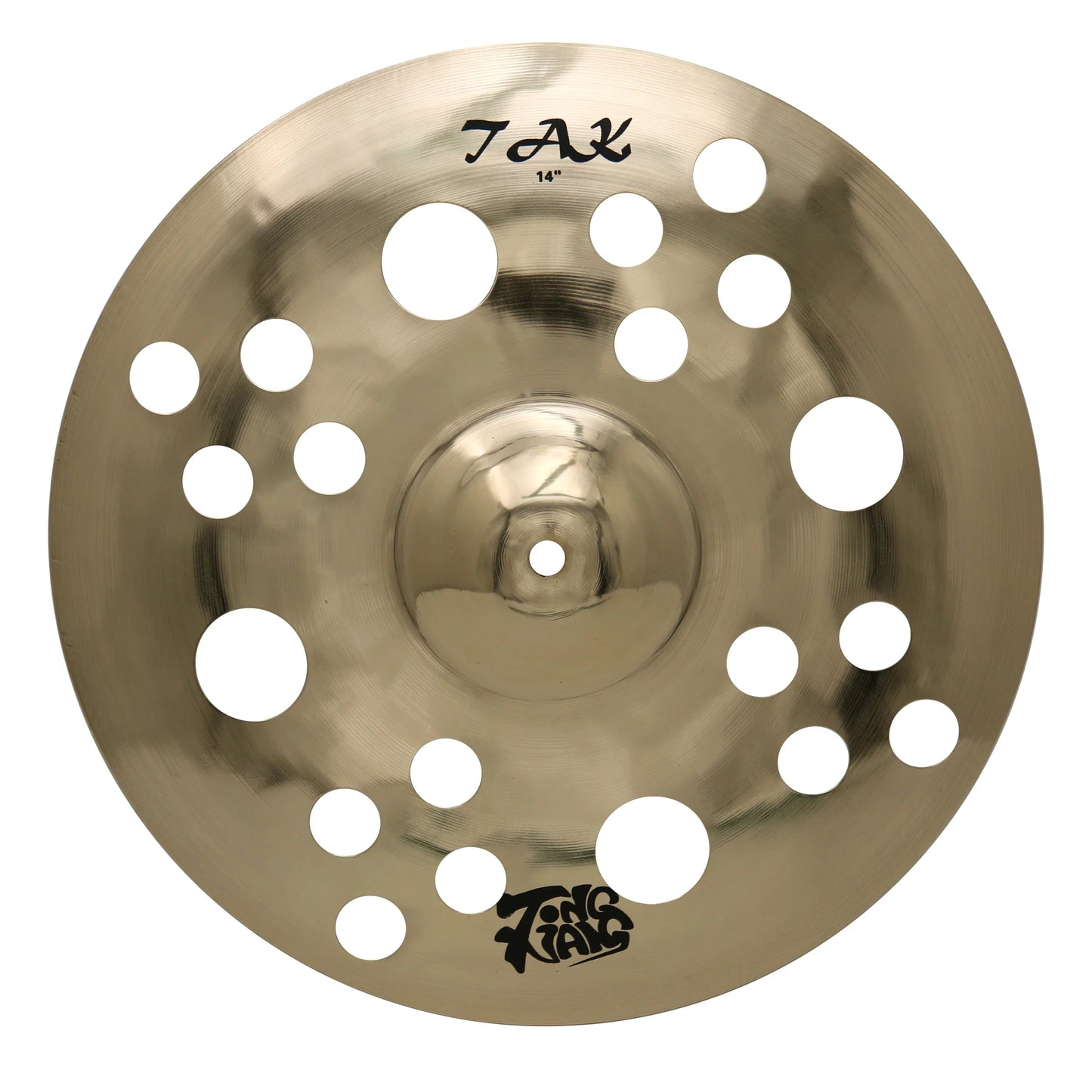 A 14-inch gold b20 handmade ozone cymbal with circular cutouts branded tak king kong for professional use from tongxiang musical instrument