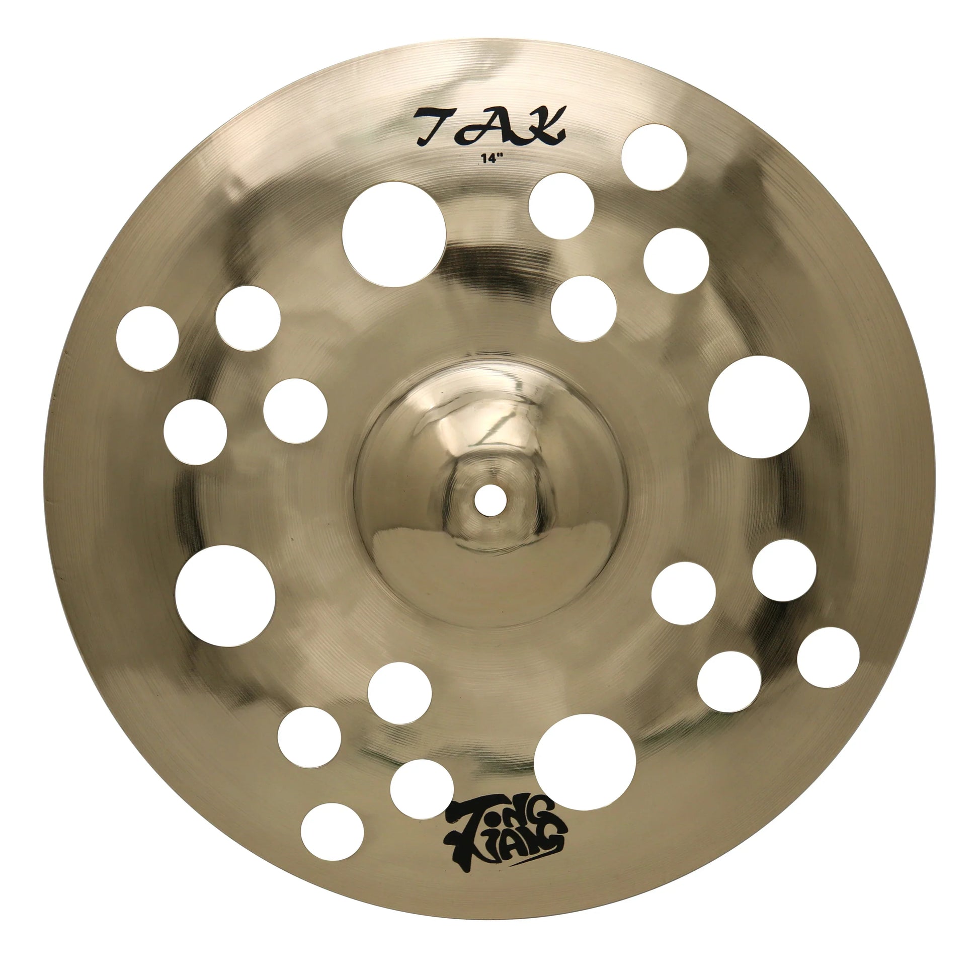 A 14-inch gold b20 handmade ozone cymbal with circular cutouts branded tak king kong for professional use from tongxiang musical instrument