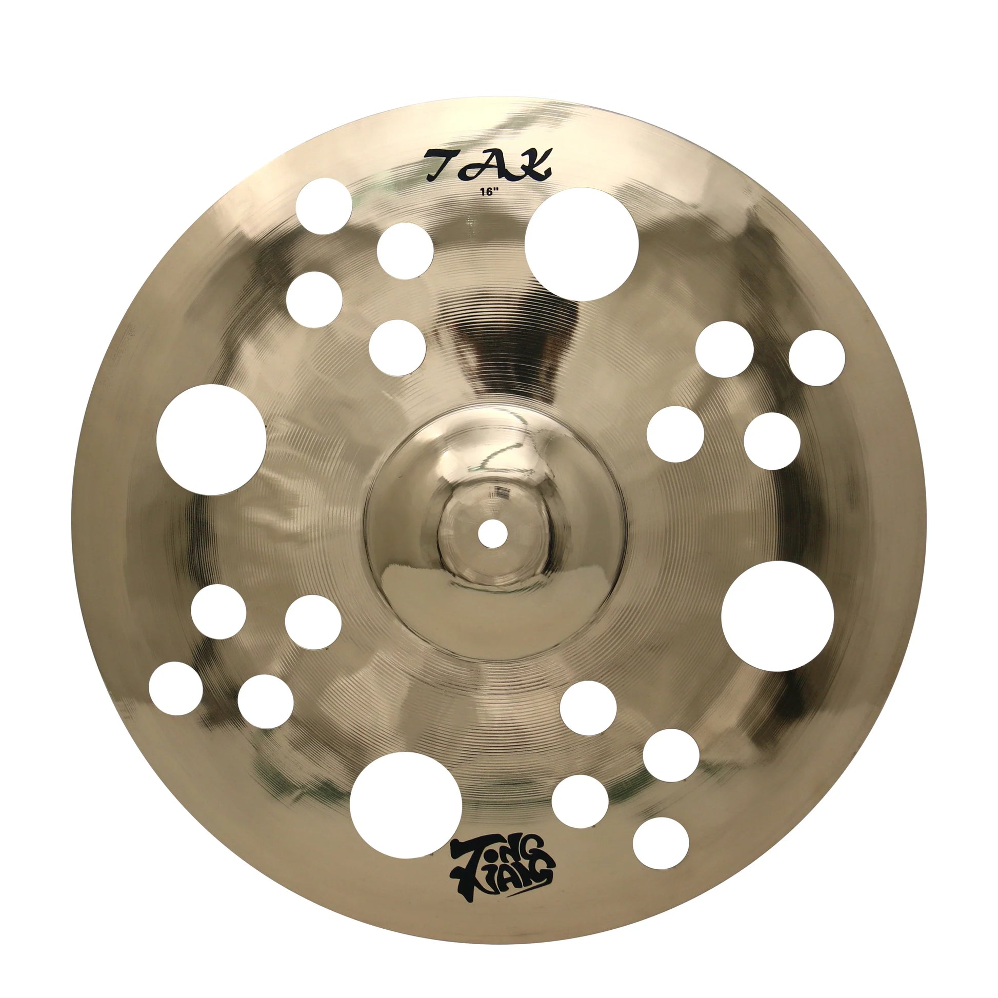 A 16-inch polished bronze b20 handmade ozone professional efx cymbal with circular cutouts from tongxiang musical instrument