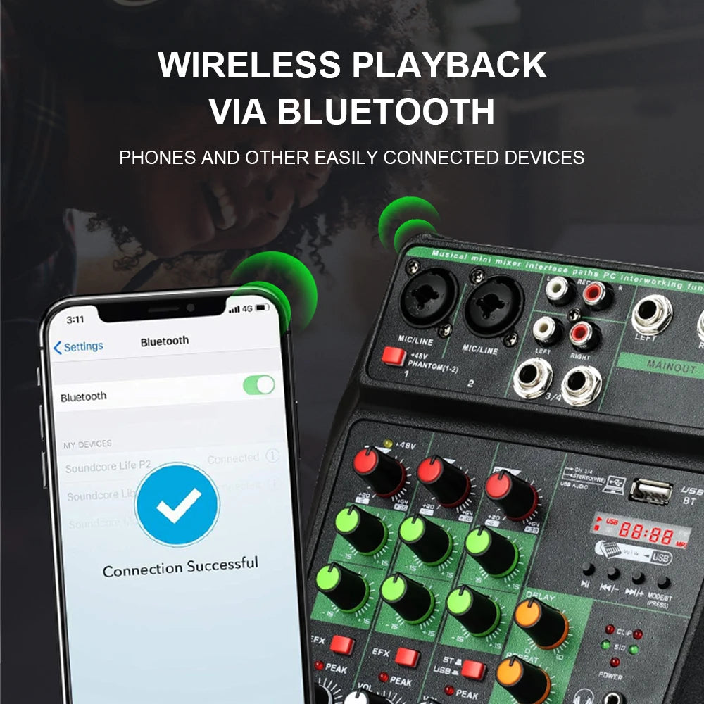 A4 4 Channel Portable Professional Audio Mixer with Bluetooth 48V Phantom,Monitoring Function for DJ Karaoke PC MP3 microphone
