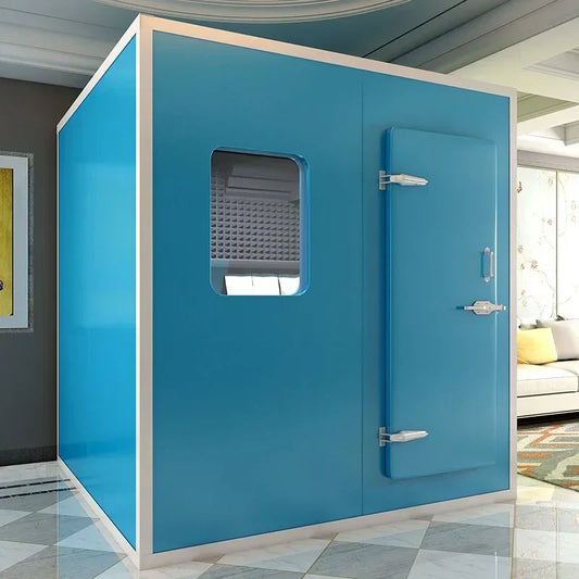 Blue insulated drum soundproof room with white trim and window for b73 piano set warehouse listening room