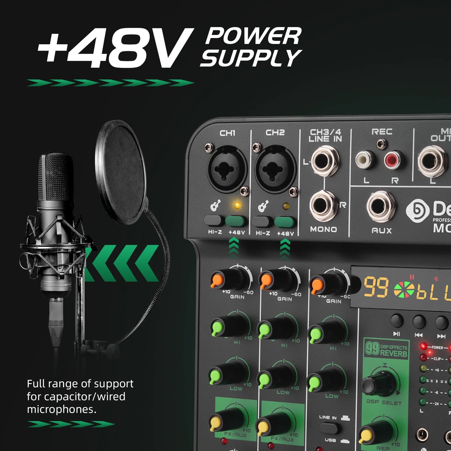 Debra MC4 Mixing Console, 99 DSP reverb effects, Bluetooth 5.0, 48V phantom power, ideal for DJ mixing and weddings