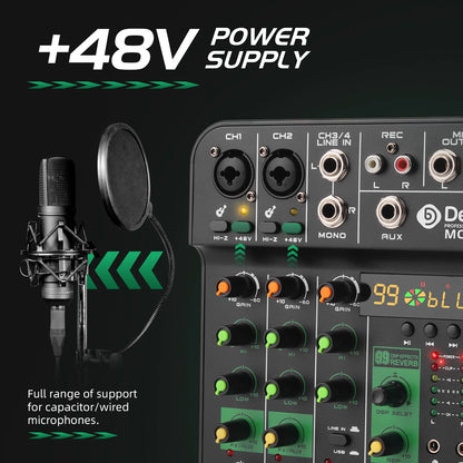 Debra MC4 Mixing Console, 99 DSP reverb effects, Bluetooth 5.0, 48V phantom power, ideal for DJ mixing and weddings