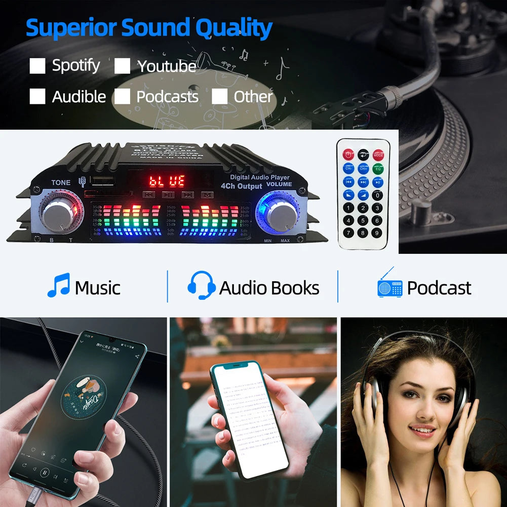 1600W Max Power Mini HIFI Digital Stereo Amp 4 Channel Sound Audio Amplifier with Remote Control FM Radio USB BT Karaoke Player