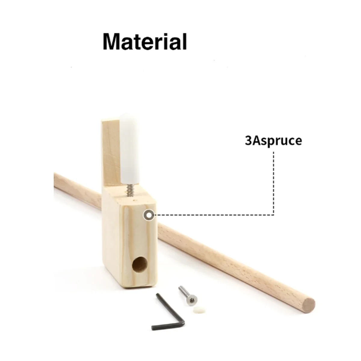 Light-colored 3aspruce wooden bridge tool set with white cylindrical component and metal screw enhances soundboard volume