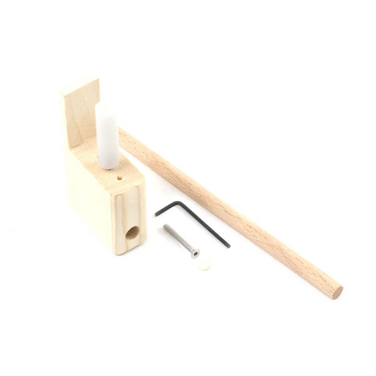 Light-colored wooden pencil sharpener with white plastic insert metal screw and hex wrench in bridge tool set for musical instrument manufacturing and enhancing soundboard volume