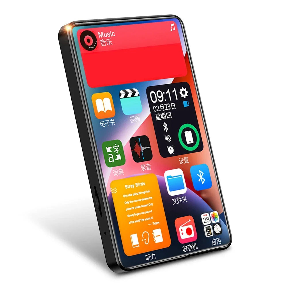 Black-framed babq 4 inch mp3 player with vibrant touchscreen showing app icons and chinese text for video playback and sound quality