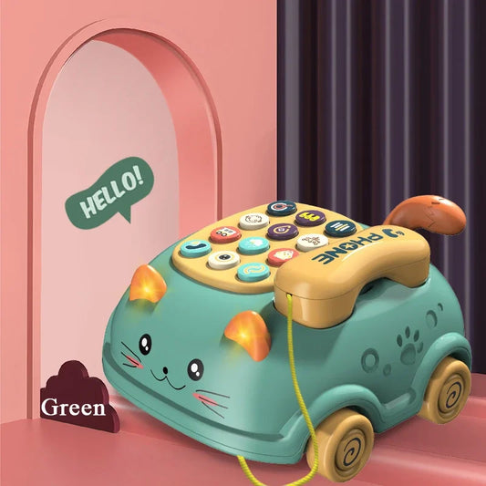 Teal cat-shaped musical phone toy with yellow handset and colorful buttons for toddler interactive learning and early education montessori