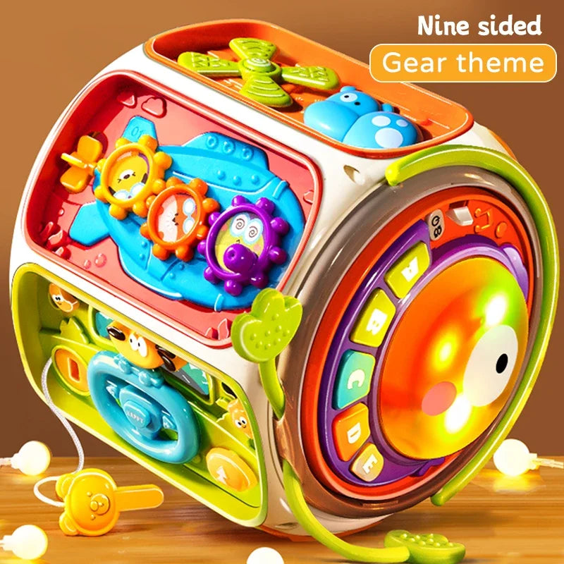 Colorful nine-sided gear-themed baby cell phone toy cube with vibrant panels and sound light education for 12 months kids gifts