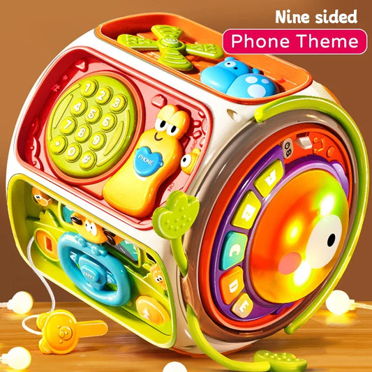 Brightly colored nine-sided baby cell phone activity cube with sound light education features for months kids gifts