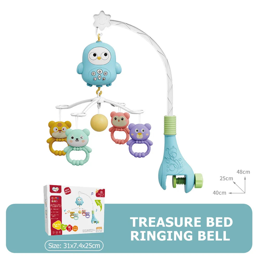 Blue owl-shaped baby crib mobile with colorful animal teething rings and night light remote musical rotating toy