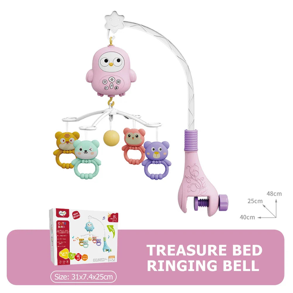 Pink owl-shaped baby crib mobile with colorful bear and tiger rattles and night light remote musical rotating toy