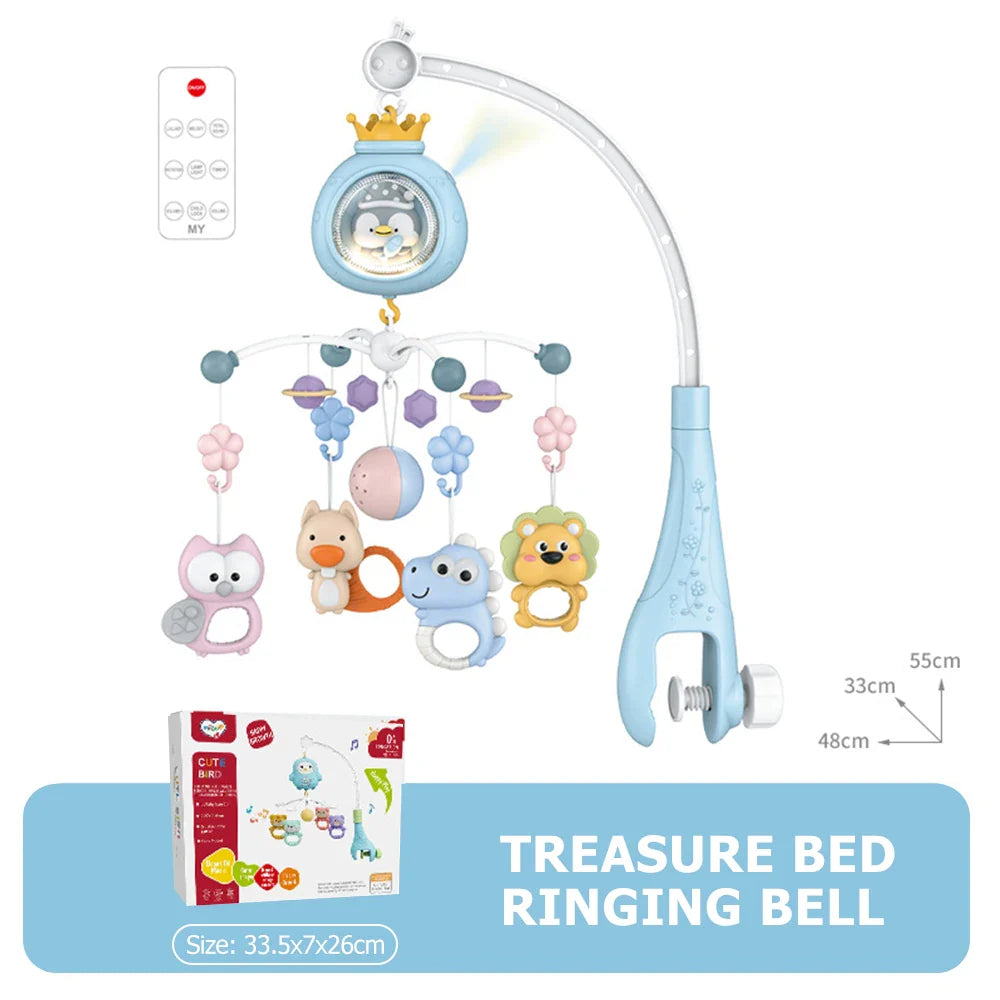 Light blue plastic baby crib mobile with crown-topped penguin projector and musical rotating toy with night light remote