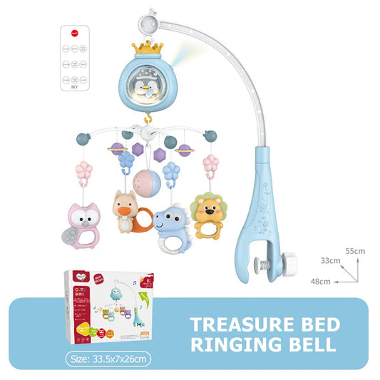Light blue plastic baby crib mobile with crown-topped penguin projector and musical rotating toy with night light remote