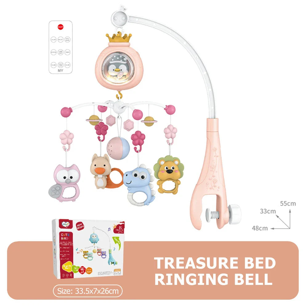 Pink plastic baby crib mobile with crown penguin night light remote and musical rotating toy for newborns