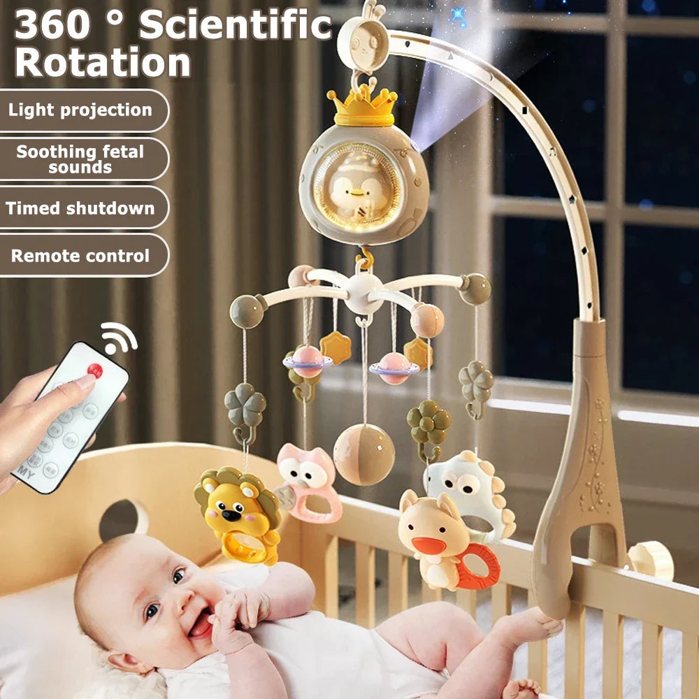 Beige plastic baby crib mobile with 360-degree rotation night light remote and musical rotating toy with plush animals