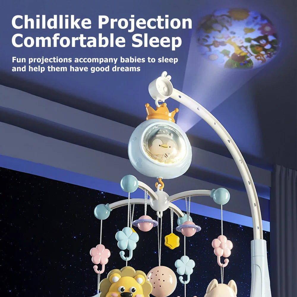 A soft pastel baby crib mobile with crown projector head, plush animals, night light remote, and musical rotating toy