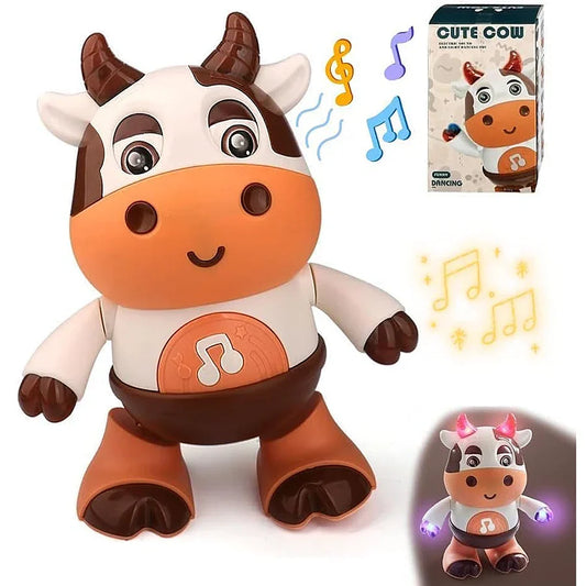 Cute brown and white baby dancing cow toy with electric music plush and musical note design moves baby interactive
