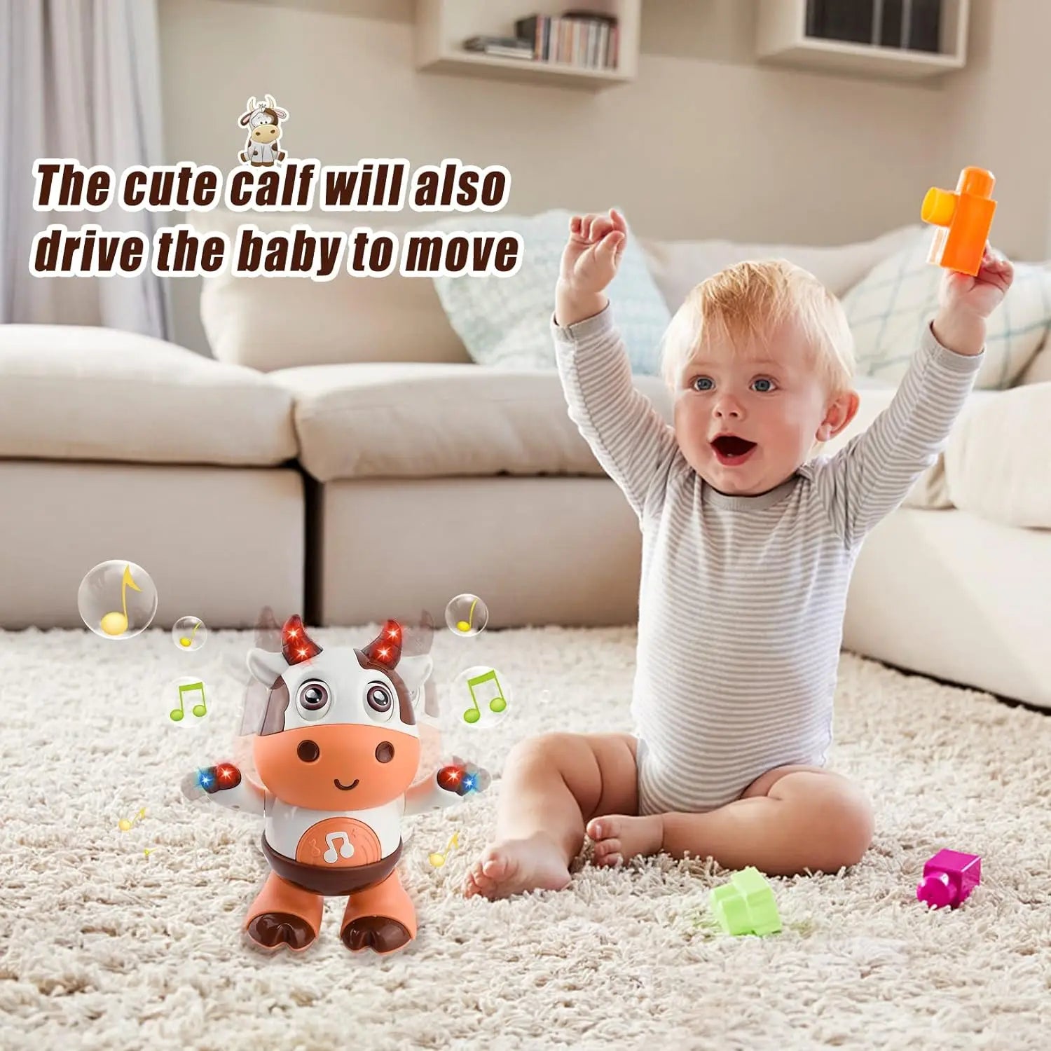 Orange and brown baby dancing cow toy with red horns blue lights electric music plush that moves baby interactive play