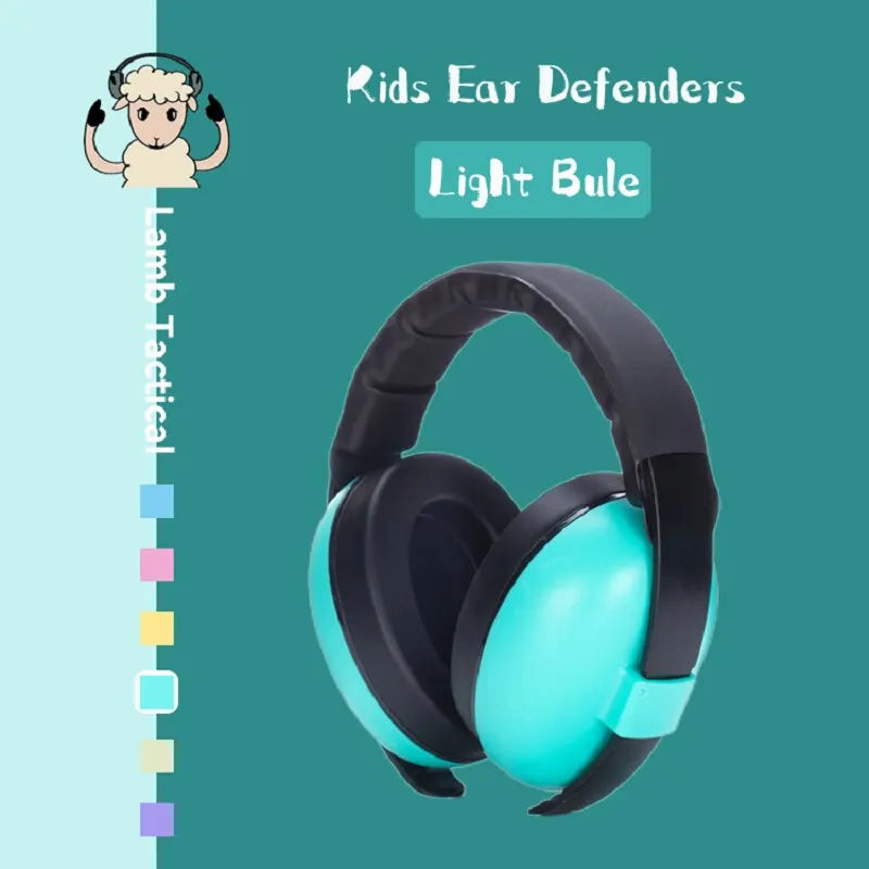 Light blue and black noise child earmuff with soft padded headband for baby ears protection and sleep ear stretcher use