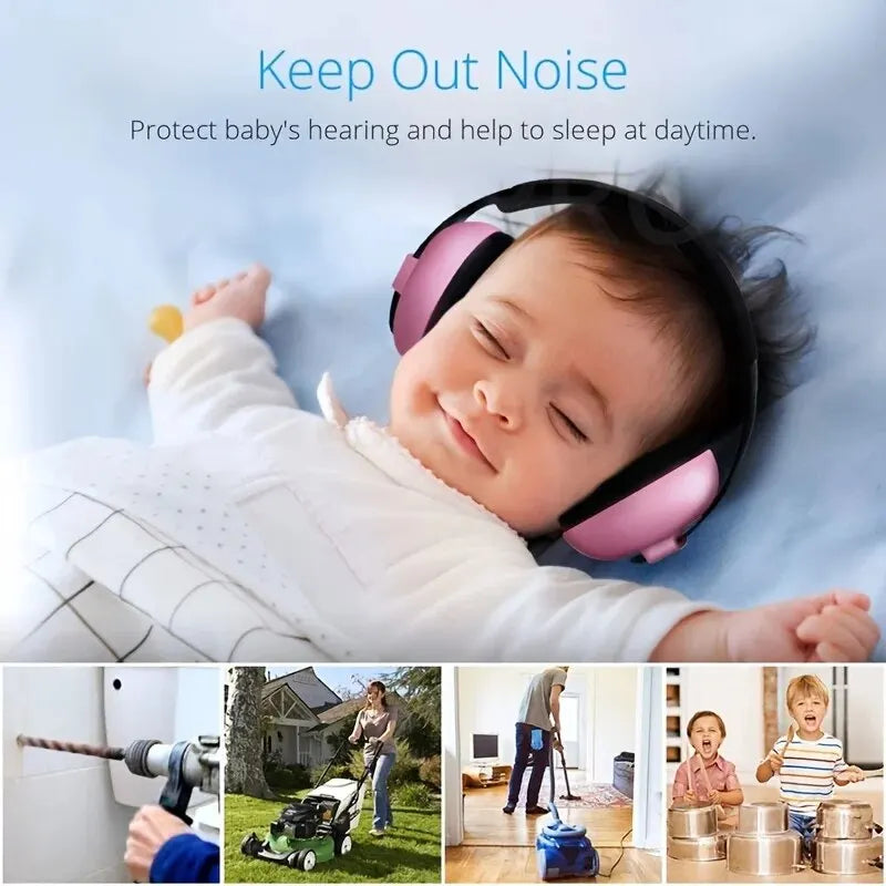Pink baby ears protection noise child earmuff with black ear cups for sleep ear stretcher and noise canceling