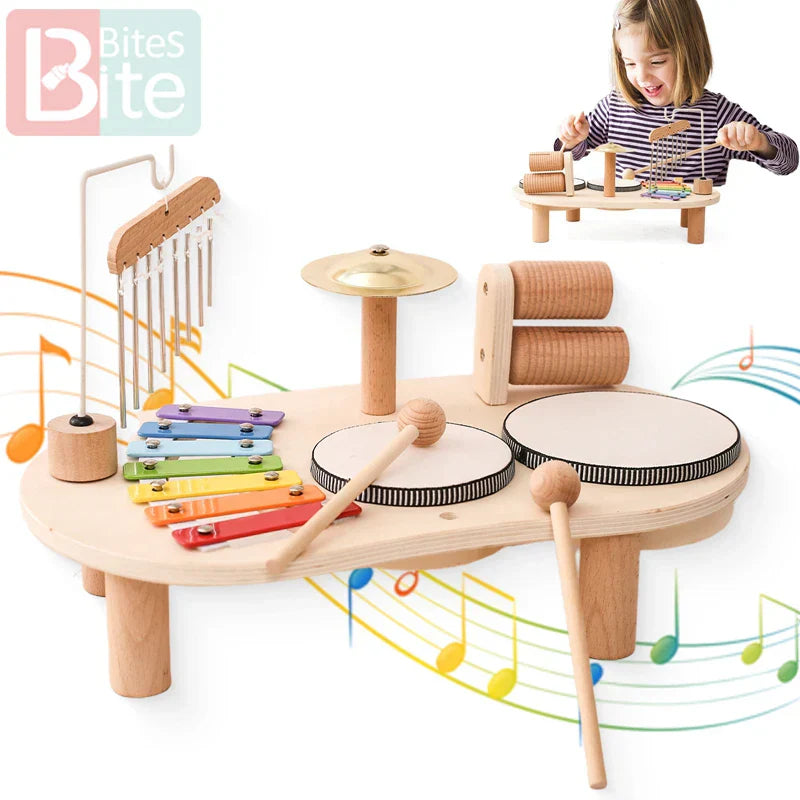 Wooden children’s musical toys xylophone set with colorful rainbow bars golden cymbal and two drums for baby educational toys